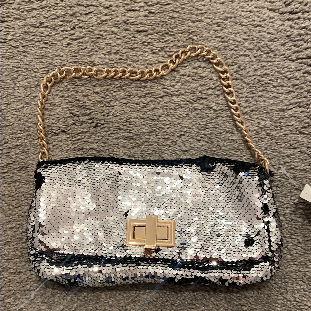 Silver Sequin Shoulder Bag with Gold Chain